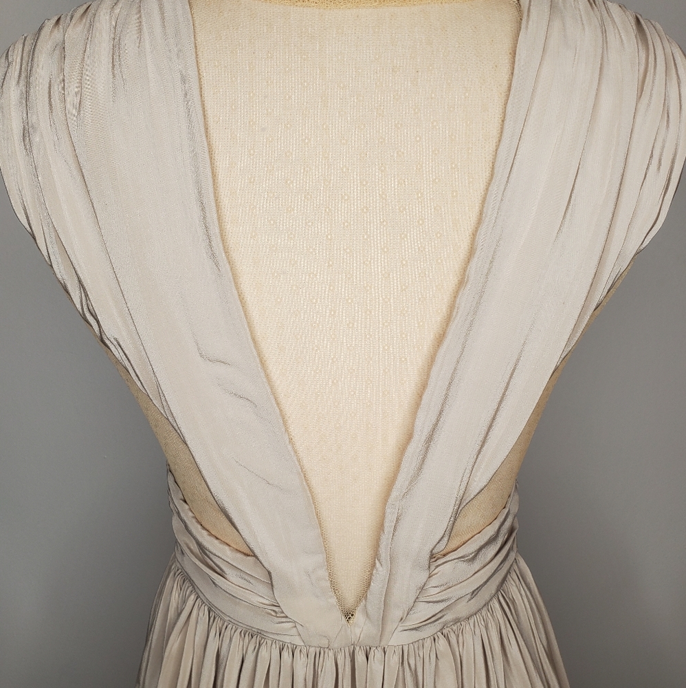 Keemia Nude Beige Fit Flare Dress Sheer Back Pleated Skirt XS S - Picture 5 of 8